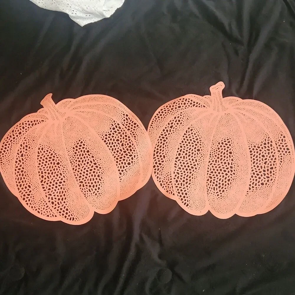 Pumpkin Shaped Orange Plastic Placemats Set of 2 Fall Halloween Table Decor